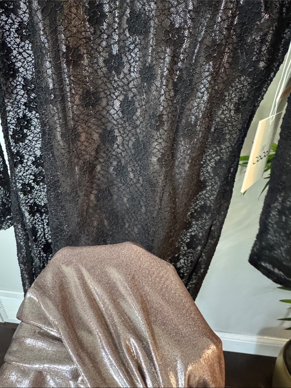 CeCe Black Sheer Lace Long Sleeve metallic gold 2 piece Maxi Dress NEW S - Picture 4 of 14